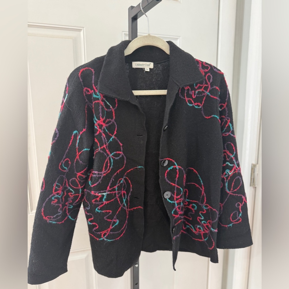 Vintage Coldwater Creek Black Cardigan with Pink and Blue Textured  Swirls‎